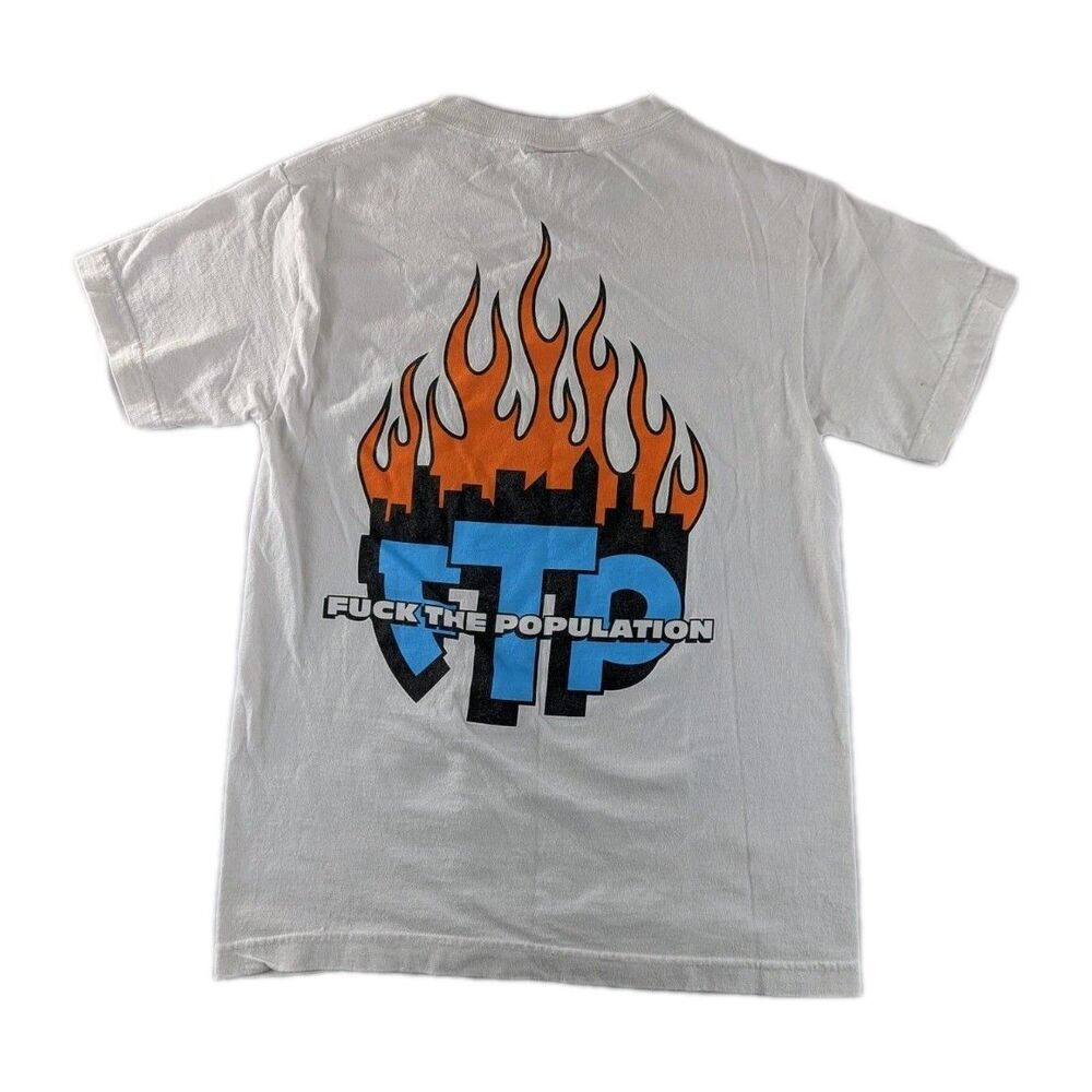 F**k The Population FTP Burning City Mens S Small White Graphic Tee Short Sleeve